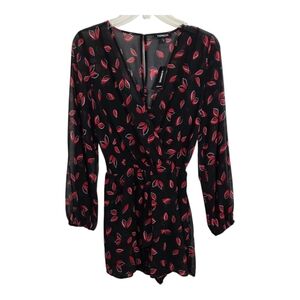 NWT Express Romper Black Red Floral Sheer Long Sleeve Surplice Size XS Romantic